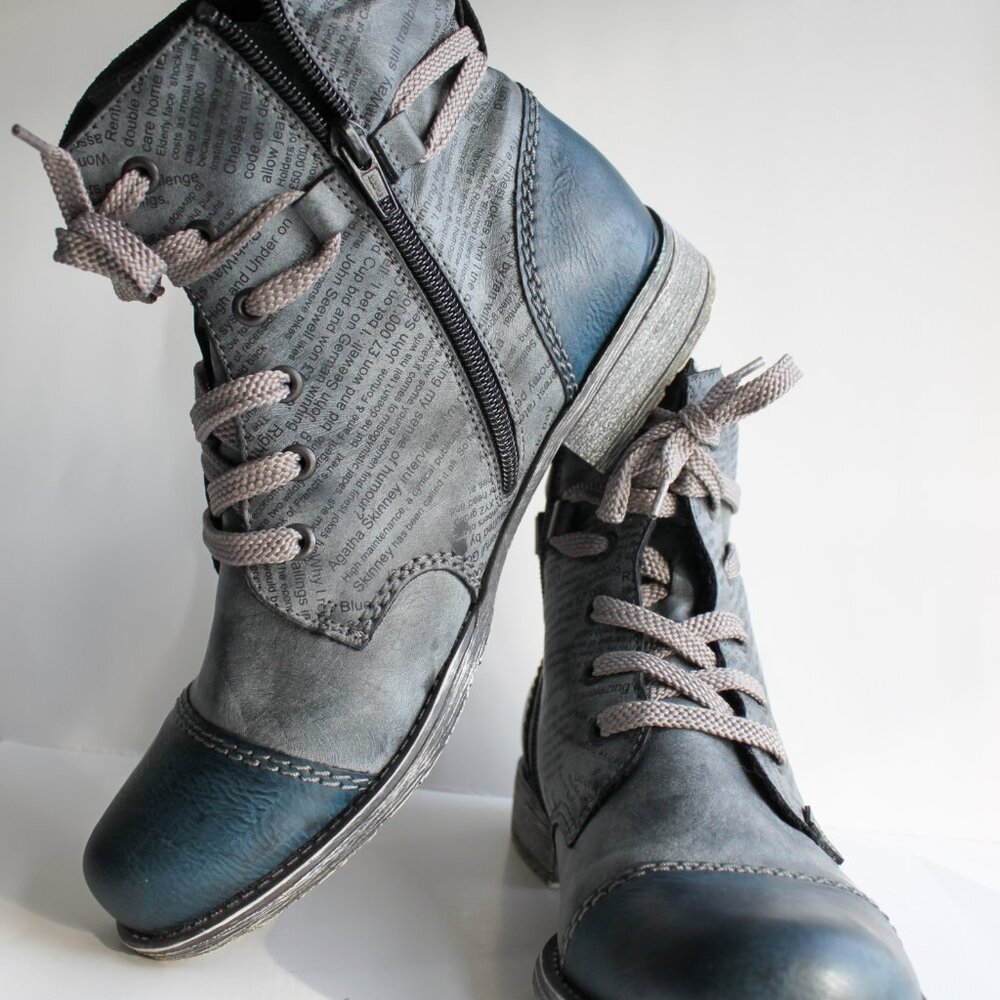 Rieker Navy Newspaper Print Ankle Boots - Rare Vintage Style Anti-Stress 40/9 📰 - Picture 7 of 10